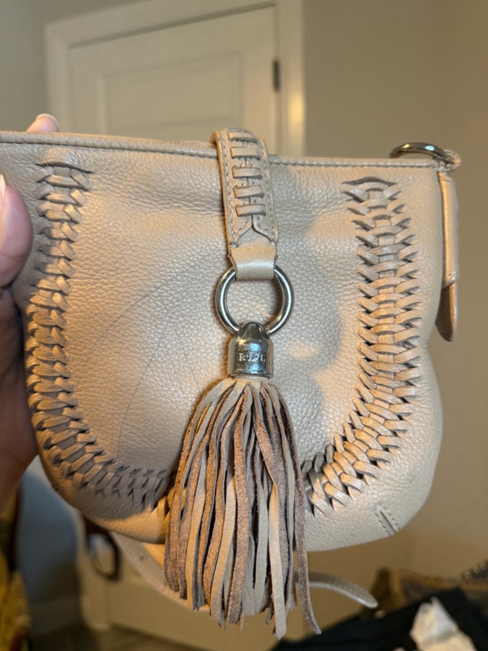 Ralph Lauren Sand Leather Whipstitch Crossbody with Tassel